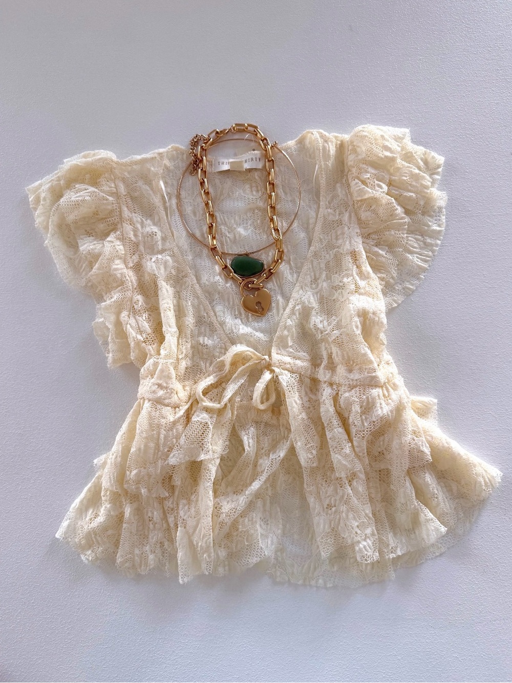 Thirty Thirty Cream Lace Ruffle Tie Front Romantic Boho Fairy Top Size S